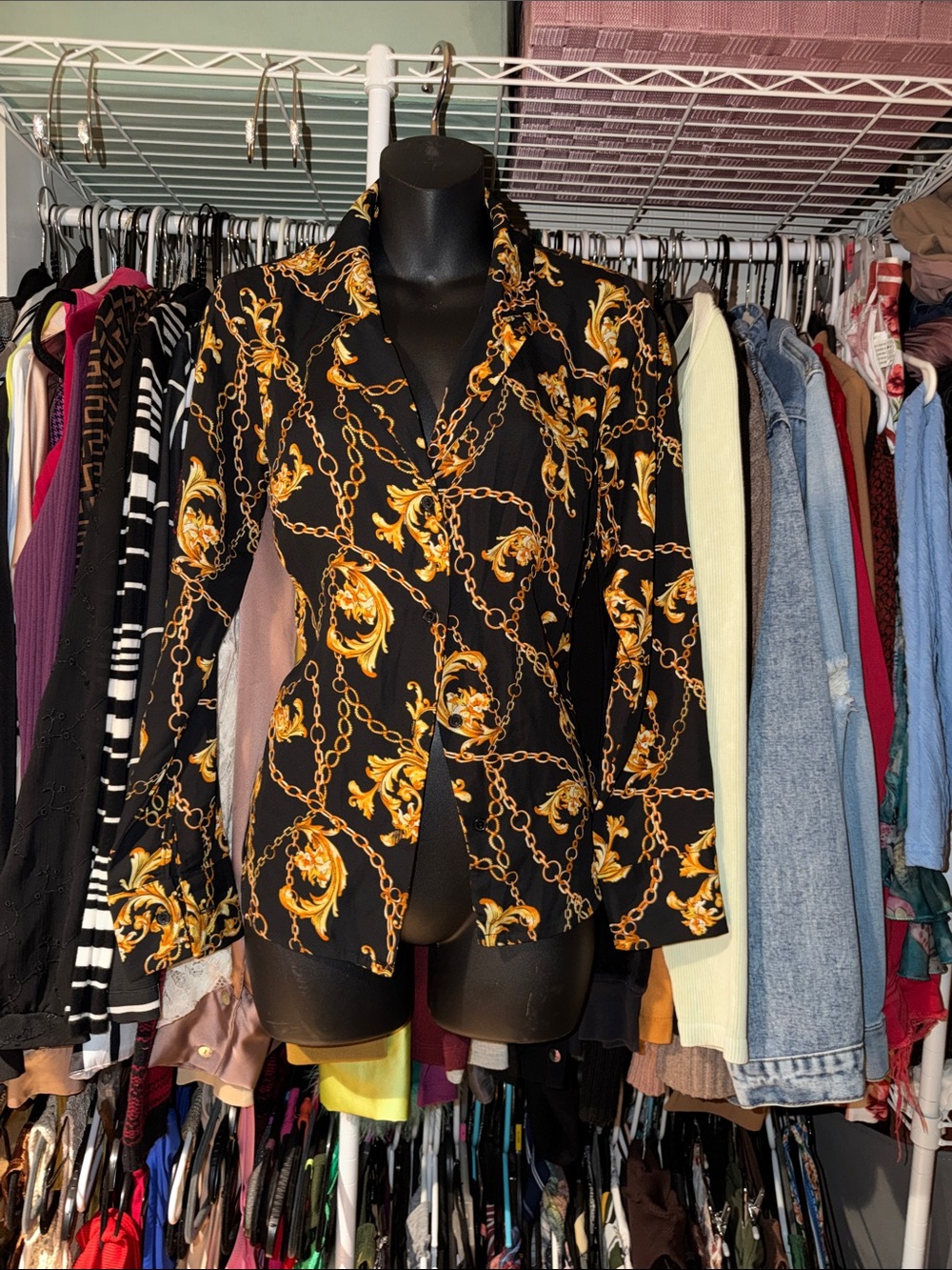 Fashion Nova Black Blazer with Gold Chain & Baroque Print